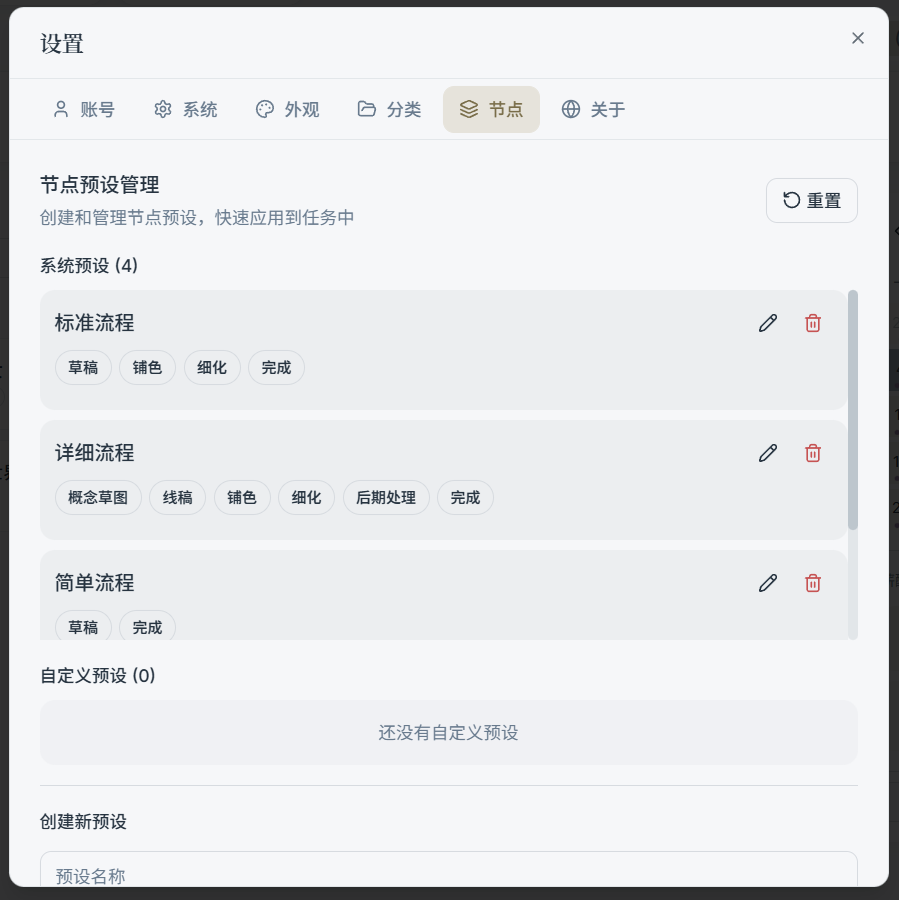 Node presets tab